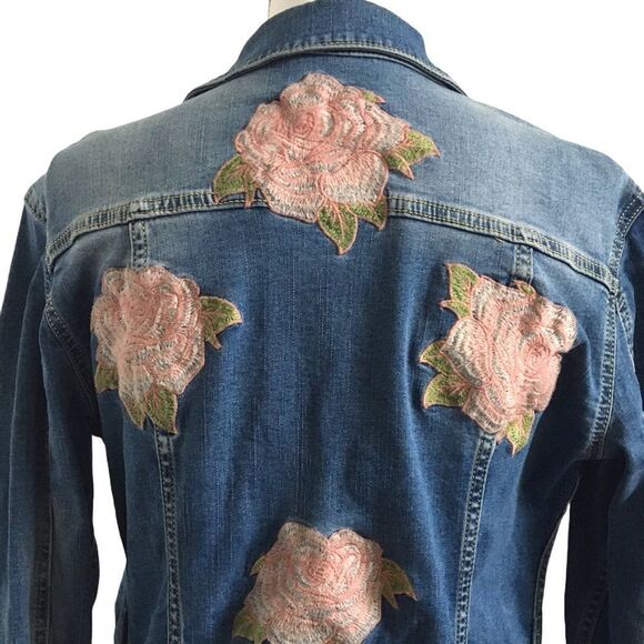 LuLaRoe Jaxon Denim Jean Jacket Pink Rose Embroidered Medium Wash Women’s Small - Picture 5 of 6